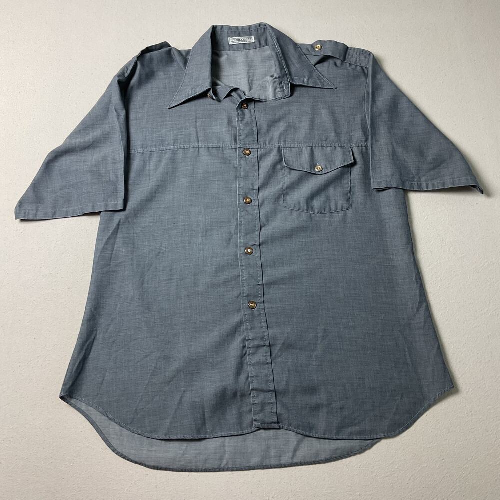 Vintage 70s Penn Prest Gray Mens L Dress Shirt Dagger Collared Short Sleeve